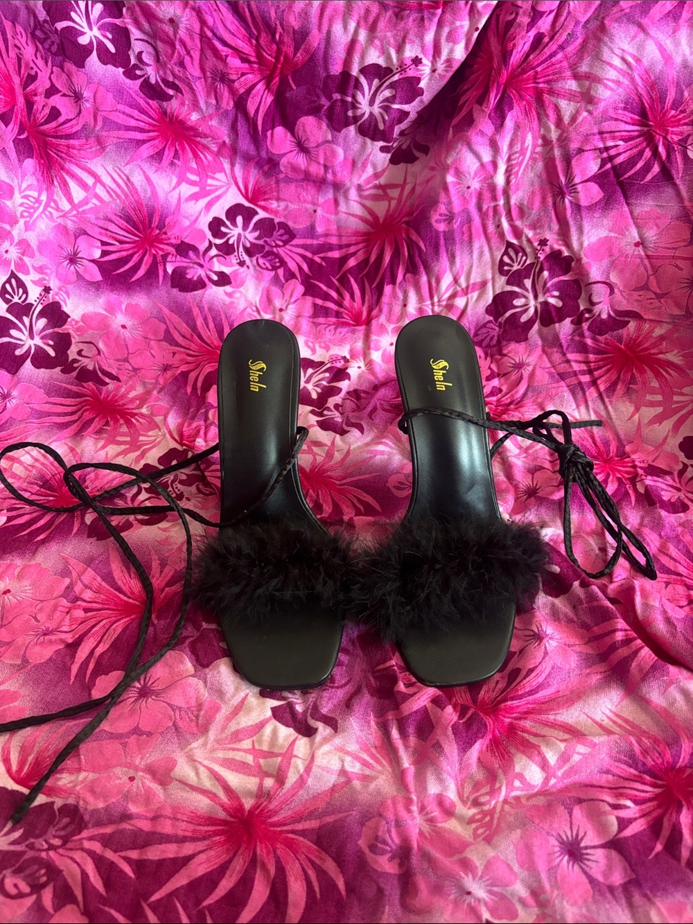 Sheln Black Feather Lace-Up Open-Toe Heels
